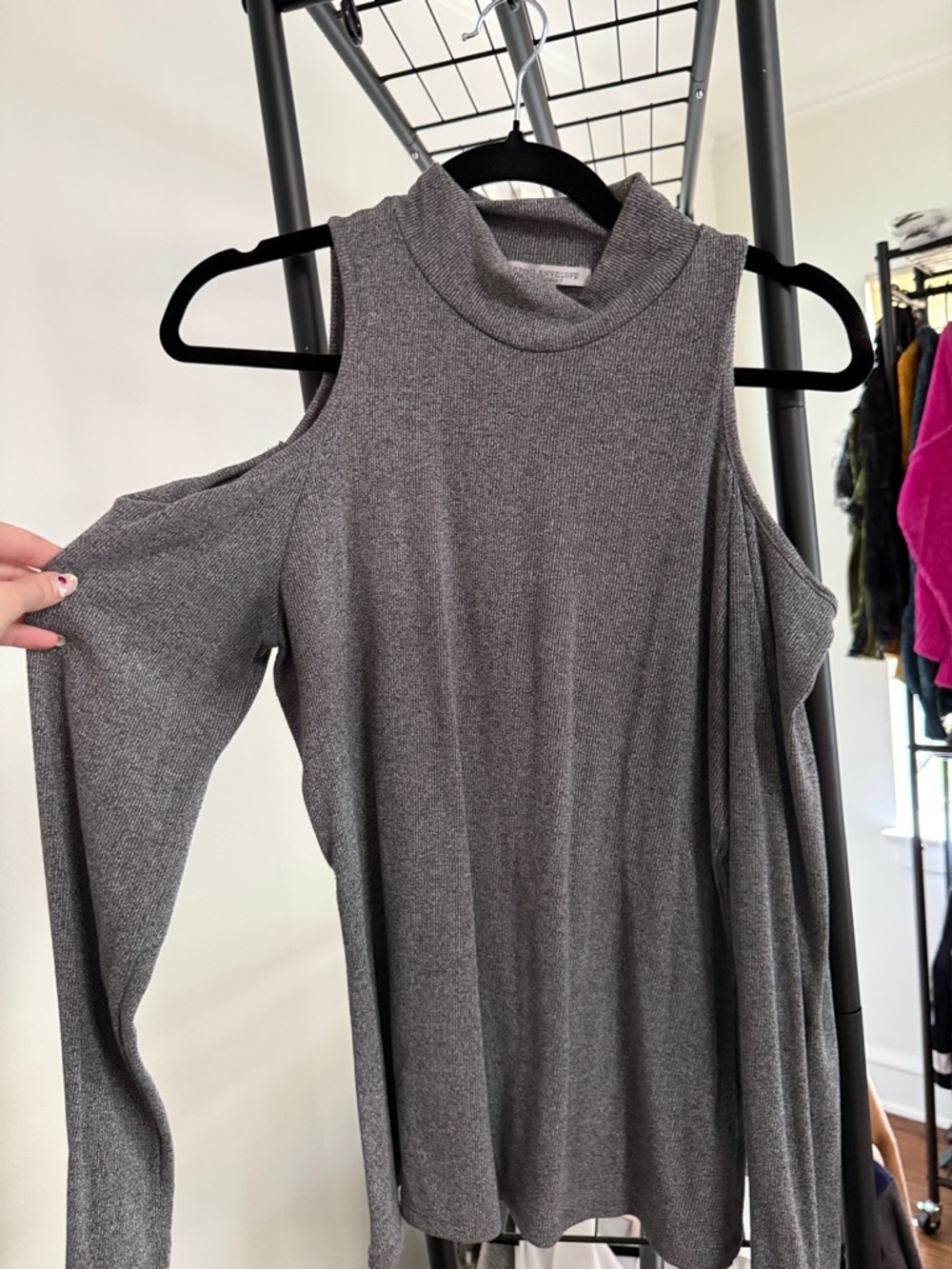 Green Envelope Gray Cold-Shoulder Knit Top